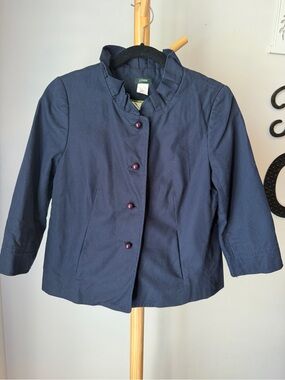 J Crew Canvas Ruffle Neck Swing Jacket Women’s Size 6 Navy Blue Cotton Blazer